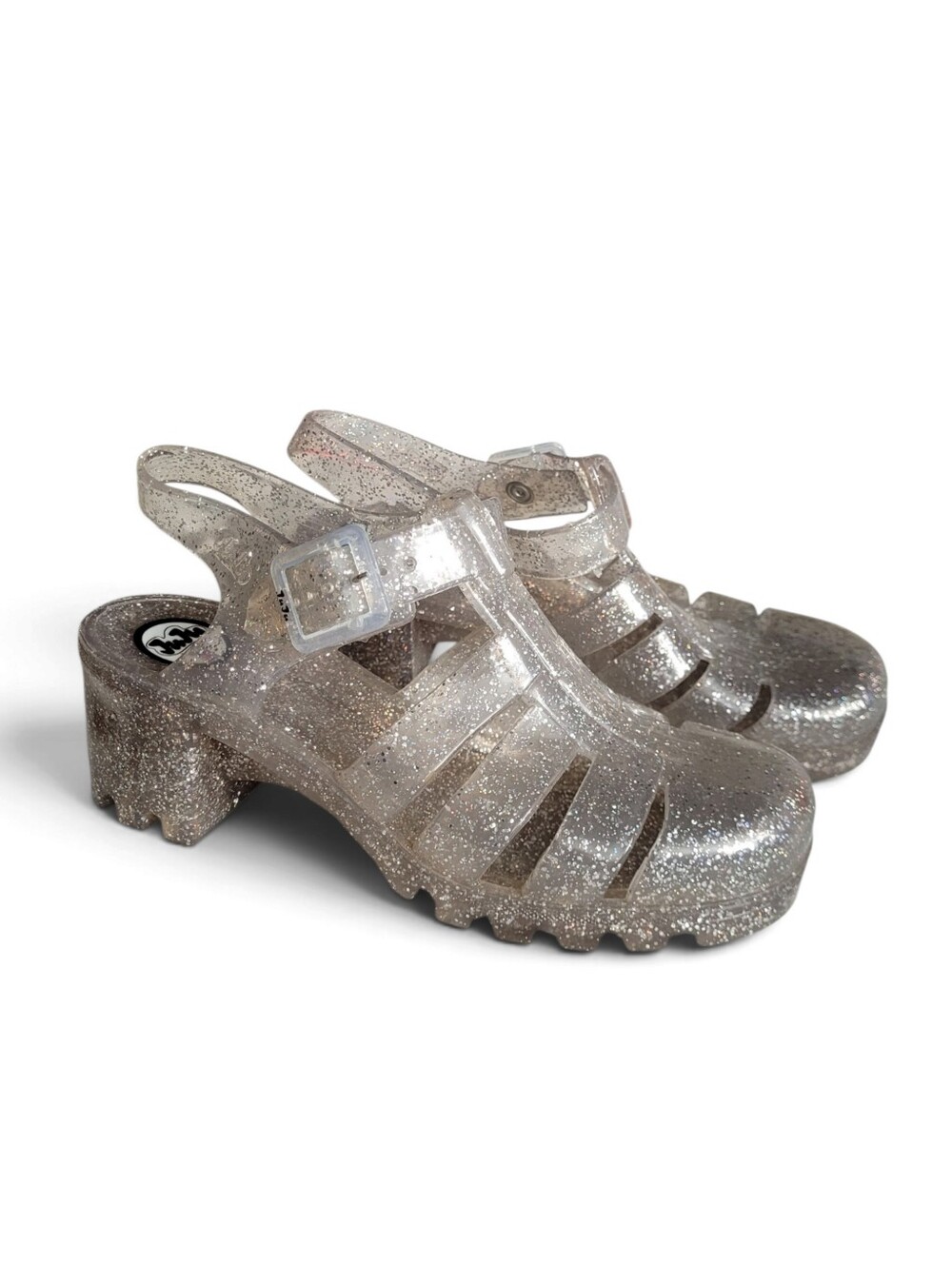 JuJu BABE Made in UK Sparkly Jelly Heeled Fisherman Sandals Clear And Silver 7